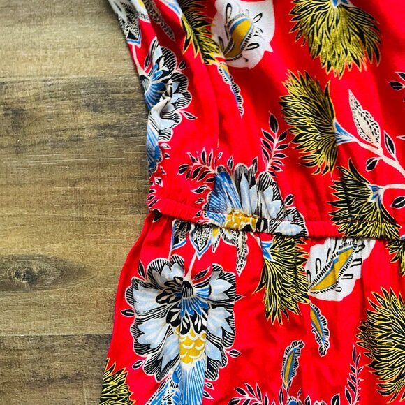 LOFT Red Floral Midi Dress Size Small | Ruffle Sleeve Boho Fit & Flare - Picture 5 of 10